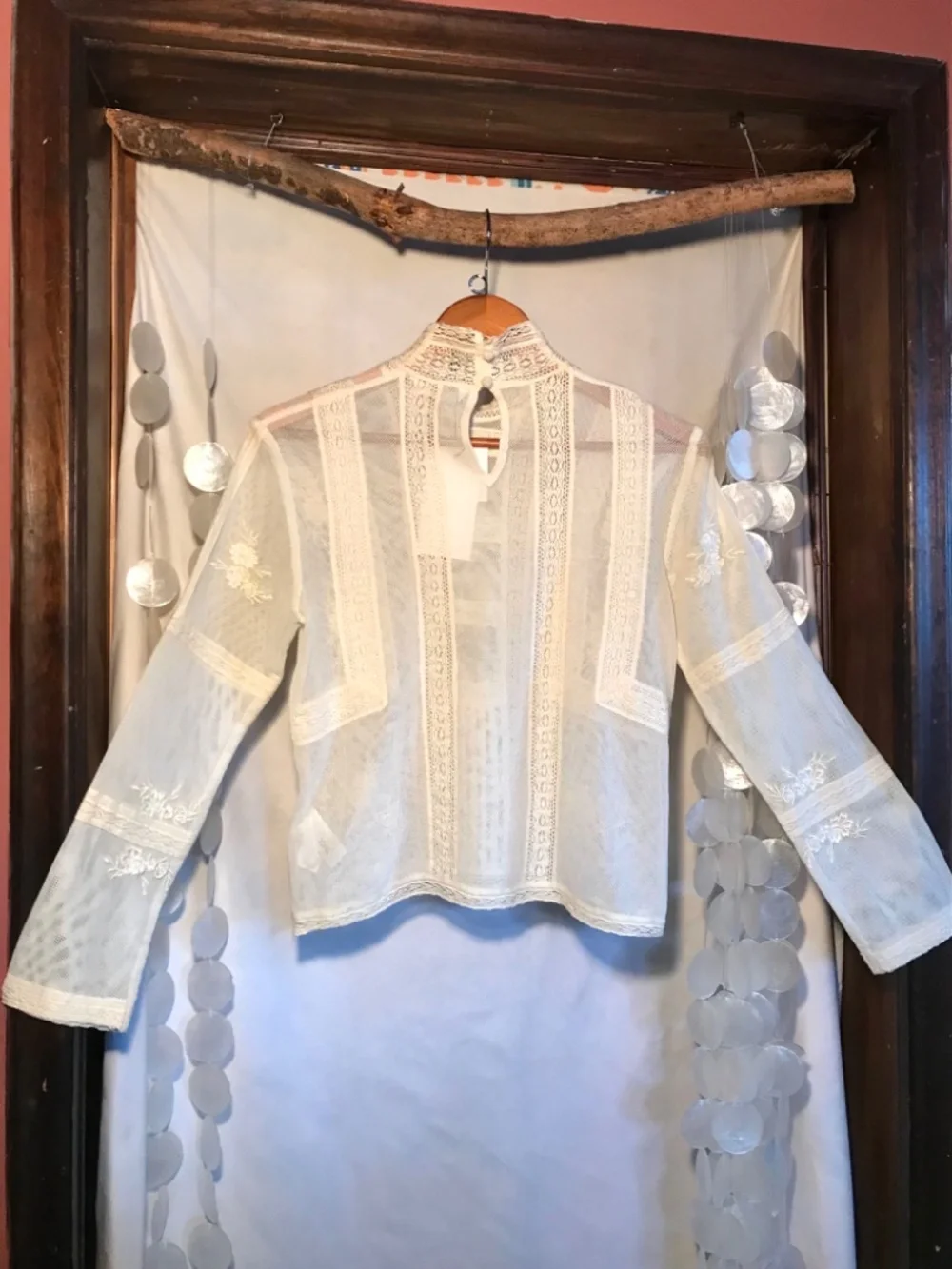 Zara Romantic Lace Blouse Semi-Sheer High Neck Ladder Stitch Size Small - Picture 12 of 15